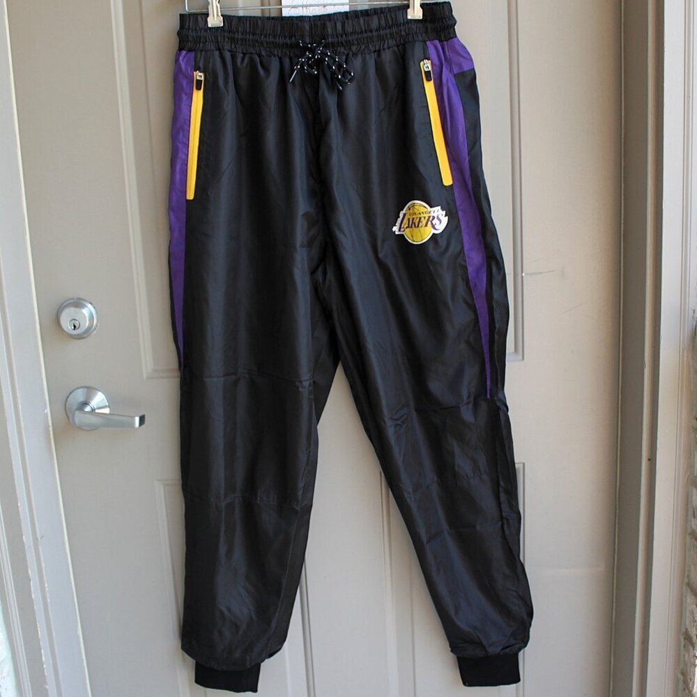 LA Lakers NBA Men's Large Wind Pants Black Elastic Tie Waist Warm Up Retro